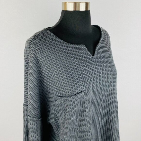 Shein Womens 12 Gray Long Sleeve Pocketed Split Neckline Textured Top - Picture 4 of 7